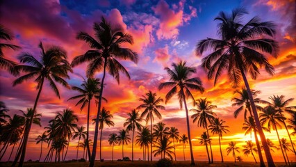 Obraz premium Stunning Silhouette of Coconut Palm Trees Against a Vibrant Sky â€“ Tropical Paradise, Nature's Beauty, Sunset Photography, Exotic Landscapes, Tranquil Vibes, Island Escape, Summer Dream