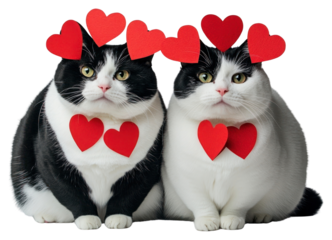 PNG Twos white black fat cats with many red paper hearts on their body and heads animals love pet.