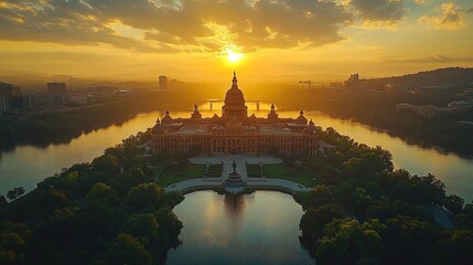 Obraz premium A stunning sunset view of a grand building by the river.