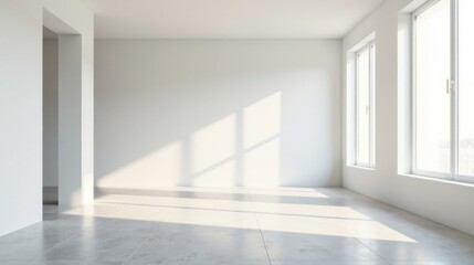 Sunlight streams into a minimalist empty room with large windows and a tiled floor