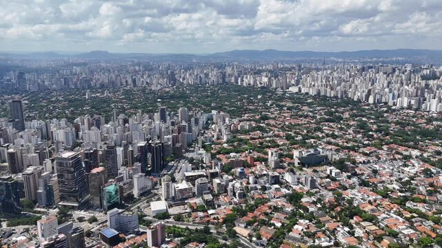 Aerial video above Parque Ibirapuera Sao Paulo on a sunny day