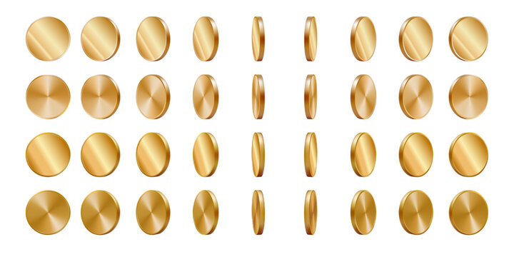 Golden coins realistic rotate set. Animation vector front, side view fly. 3d money game casino cash rain. Jackpot spin png render. Gamble slot trophy. Empty circle medal mockup. Trophy perspective