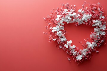 Beautiful Heart-Shaped Floral Frame with White and Pink Flowers on a Red Background Ideal for Valentine's Day Celebrations and Romantic Themes