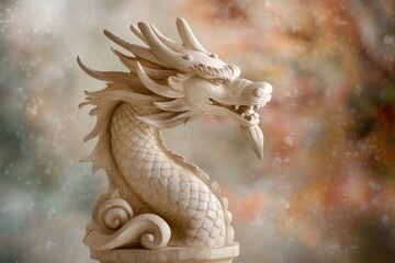 Fototapeta premium Exquisite Carved Dragon Sculpture Displaying Intricate Details and Elegant Design in a Serene Background Perfect for Art and Culture Lovers