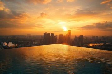 Fototapeta premium Serene sunset view from a luxurious infinity swimming pool overlooking the city skyline modern architecture evening ambiance tranquil environment