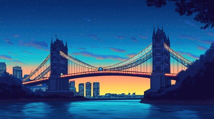Obraz premium Monument cultural and iconic, A vibrant digital illustration of Tower Bridge at sunset, featuring a colorful sky and reflections in the water below.