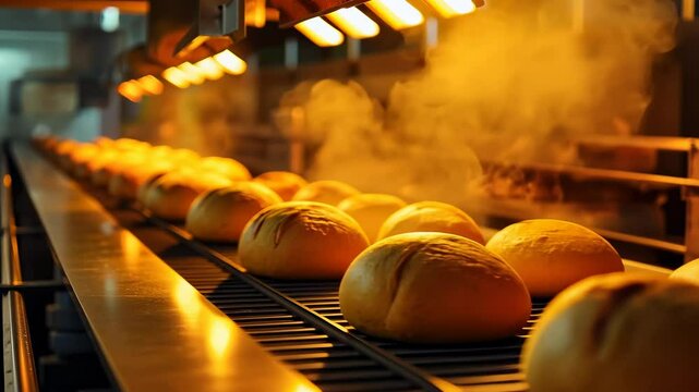 Rows of freshly baked breads cooling on a conveyor belt in a large industrial setting depict busy bakery operations, highlighting concepts of mass production and food industry.