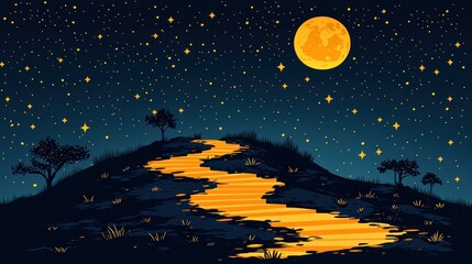 Fototapeta premium Night's Golden Path: A Serene Landscape Underneath a Giant Orange Moon and Starry Sky