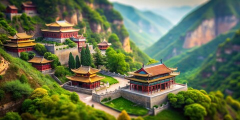 Fototapeta premium Aerial tilt-shift captures Wutai Mountain's breathtaking Buddhist temple complex in Shanxi, China, a miniature world of faith.