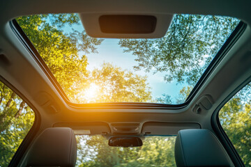 panoramic view of car sunroof reveals bright sky and lush trees, creating serene atmosphere. sunlight filters through, enhancing peaceful drive experience