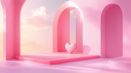 Romantic Pink Scene with Heart Shape and Elegant Archways