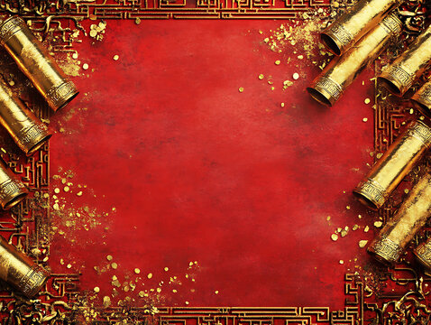 dynamic scene of golden firecrackers bursting against a vibrant red background, with a decorative border of intricate Chinese patterns 