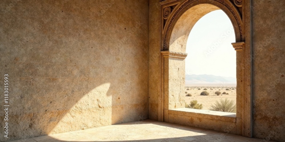 Aufkleber sunlit archway view of a desert landscape from an ancient stone room