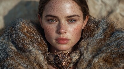 Portrait of a woman with freckles wearing a fur collar and dragon necklace