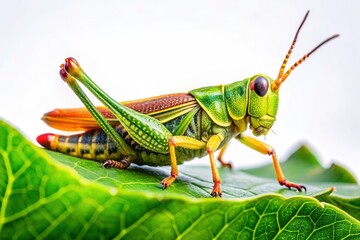 A vibrant green leaf holds a grasshopper; a stunning high-resolution macro image against a pure white background.