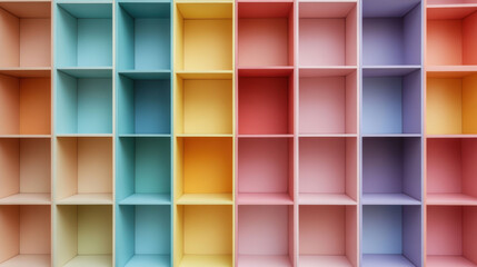 Colorful shelving unit with empty compartments in pastel shades, creating vibrant and cheerful atmosphere. Perfect for organizing or displaying items