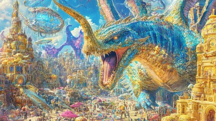 Obraz premium Enchanting Fantasy Scene with Majestic Dragon and Vibrant Cityscape in a Colorful Dreamlike World