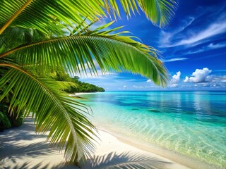 Fototapeta premium Idyllic Tropical Beach: Turquoise Water, Palm Trees, and White Sand