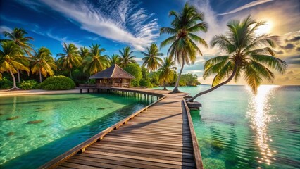 Obraz premium Idyllic Tropical Beach: Wooden Pier, Palm Trees, Turquoise Ocean