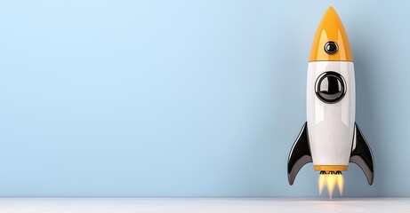 Orange and white rocket launching against a light blue background