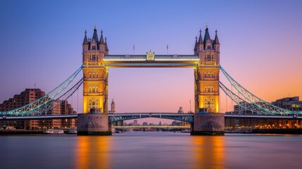 Obraz premium Monument cultural and iconic, The Tower Bridge in London glows beautifully at sunset, showcasing its iconic architecture and reflection in the water below.