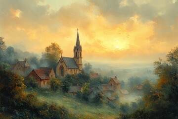 Fototapeta premium Misty Dawn in a Serene Village Landscape Soft Pastel Colors Embrace a Tranquil Autumn Morning Overlooking Lush Green Hills