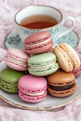 Obraz premium Colorful macarons and a cup of tea on a pink tablecloth