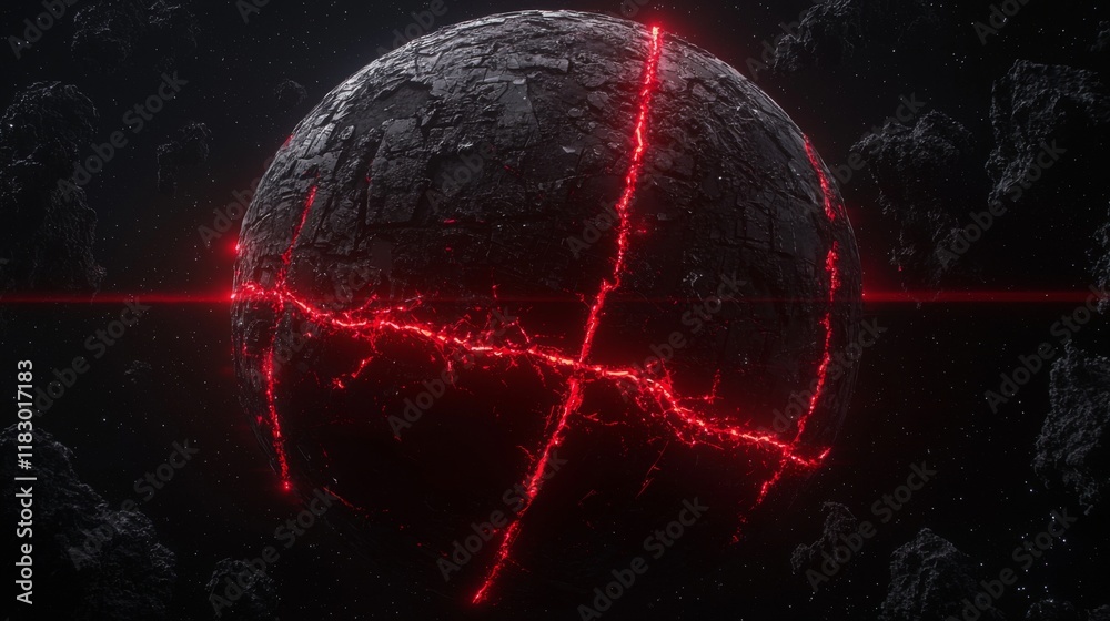 Wall mural dark cosmic planet with cracks and glowing red lines in outer space background