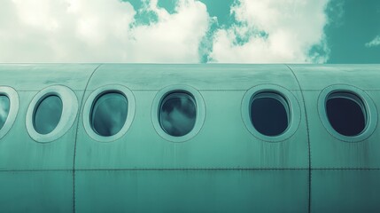 Airplane's teal fuselage with round windows against cloudy sky. Ideal for travel, aviation, and transportation themes; evokes a sense of journey.
