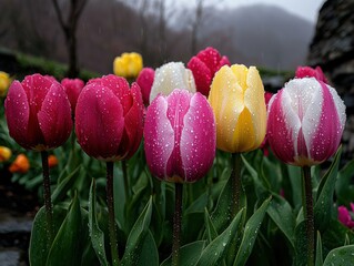 Fototapeta premium Close-up of colorful tulips with rain drops