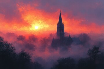 Obraz premium Church Tower in Misty Autumn Sunrise Landscape with Orange Sky and Peaceful Countryside Village