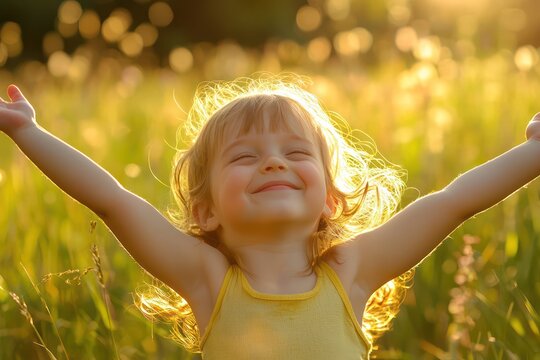 Simple joy of child in sunlit field, pure delight.