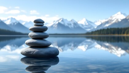 zen, stones, stacked, balanced, lake, still, water, reflection, snowcapped, mountains, range, serene, tranquil, harmony, nature, peaceful, meditative, scenic, outdoors, natural, calm, alignment
