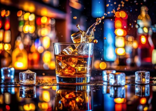 Crystal-clear 240fps shot: ice cubes elegantly falling into a refreshing drink.