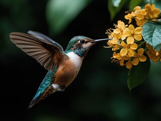 Fototapeta premium Hummingbird feeding on yellow flowers