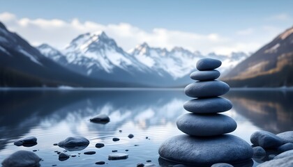 zen, stones, stacked, balanced, lake, still, water, reflection, snowcapped, mountains, range, serene, tranquil, harmony, nature, peaceful, meditative, scenic, outdoors, natural, calm, alignment