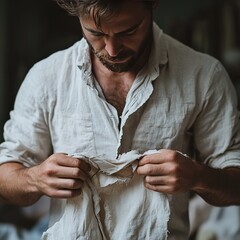 Man engaged in crafting textile repair artisan workshop photography cozy interior close-up skillful craftsmanship