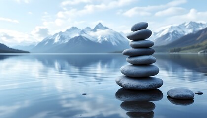 zen, stones, stacked, balanced, lake, still, water, reflection, snowcapped, mountains, range, serene, tranquil, harmony, nature, peaceful, meditative, scenic, outdoors, natural, calm, alignment