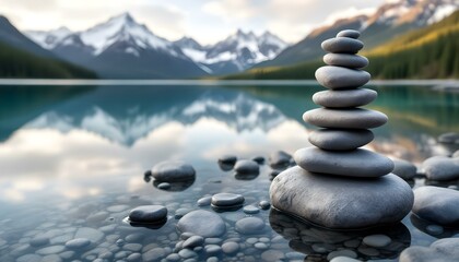 zen, stones, stacked, balanced, lake, still, water, reflection, snowcapped, mountains, range, serene, tranquil, harmony, nature, peaceful, meditative, scenic, outdoors, natural, calm, alignment