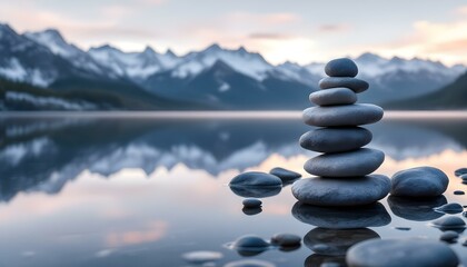 zen, stones, stacked, balanced, lake, still, water, reflection, snowcapped, mountains, range, serene, tranquil, harmony, nature, peaceful, meditative, scenic, outdoors, natural, calm, alignment