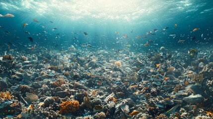 Vibrant Underwater Scene with Colorful Coral Reefs and Diverse Marine Life Surrounded by Sunlight Rays