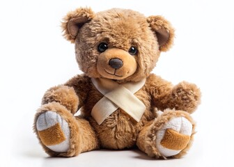 Obraz premium Injured Teddy Bear with Bandage, Isolated White Background - Cute Stock Photo