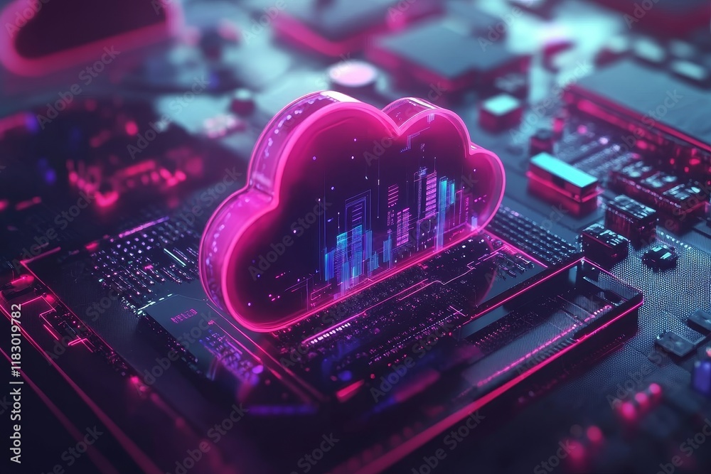 Aufkleber futuristic cloud computing concept with neon lights and circuit board elements representing data flo