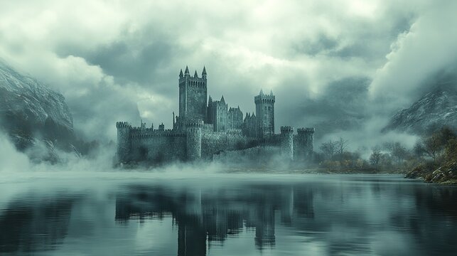 Mysterious castle rising from misty waters enigmatic landscape fantasy art cinematic viewpoint