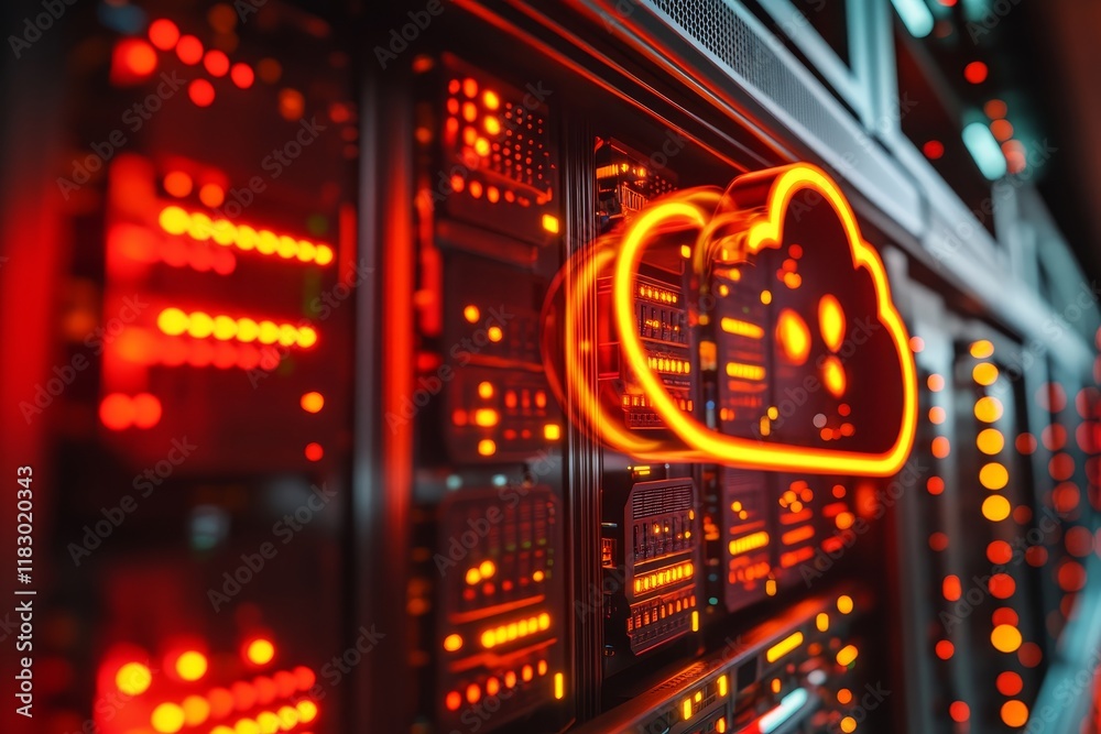 Poster futuristic data center with glowing cloud icon, illuminated server rack and digital interface in red