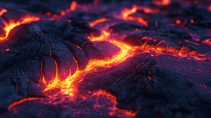Captivating Close-Up of Glowing Lava Flow Revealing Fiery Red and Orange Hot Molten Rock on Dark Gray Volcanic Surface in an Eruptive Landscape Scenario