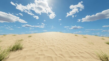 Naklejka premium Serene Desert Landscape with Golden Sand Dunes Beneath a Bright Blue Sky and Fluffy White Clouds
