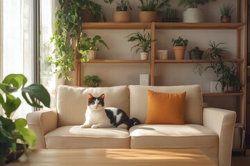Black and White Cat Relaxing on a Beige Sofa in a Cozy Plant-Filled Living Room