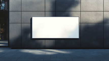 blank rectangular sign mounted on modern building wall, surrounded by shadows, ideal for advertising or informational purposes