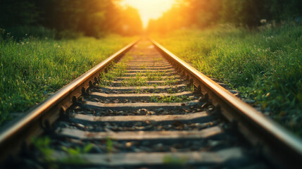 Fototapeta premium Railway tracks stretching into sunset, surrounded by lush greenery, create serene and tranquil atmosphere. warm light enhances beauty of scene